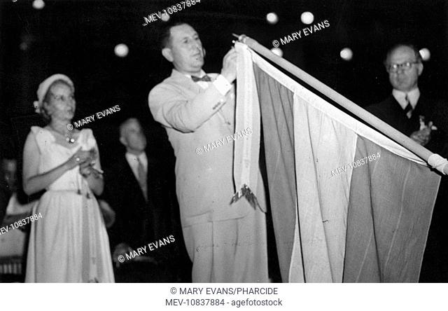 Juan Peron (1895-1974), President of Argentina, and his wife Eva (Maria Eva Duarte de Peron, 1919-1952) at the Pan American Games in Buenos Aires, March 1951
