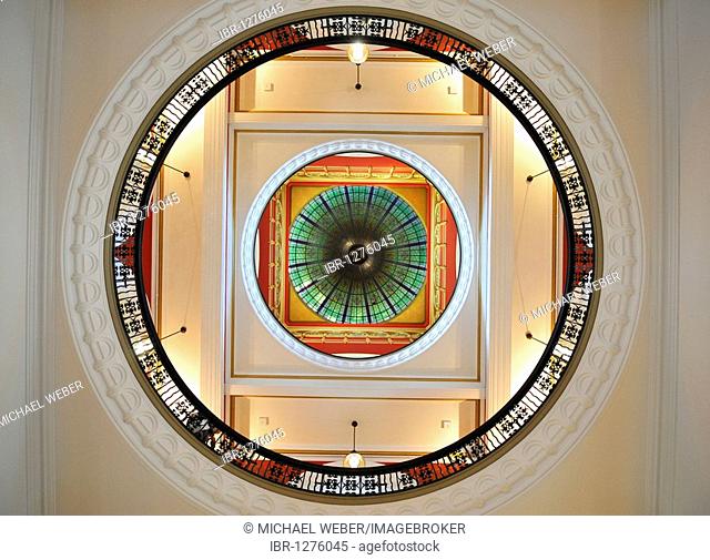 Glass ornamentation, glass vaulted roof, large central dome, QVB, Queen Victoria Building, shopping centre, Sydney, New South Wales, Australia