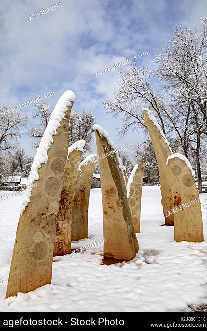 Wheat Ridge, Colorado - A public art installation, ""Sweet Grass Dance"" by Nancy Lovendahl, in Anderson Park. The sculpture represents oversized sweet grass