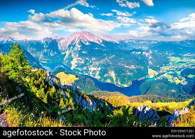 Aerial view of Konigsee lake from top of cableway. Sunny summer morning on the Border of Germany and Austrian Alps. Berchtesgaden location, Bavaria, Germany