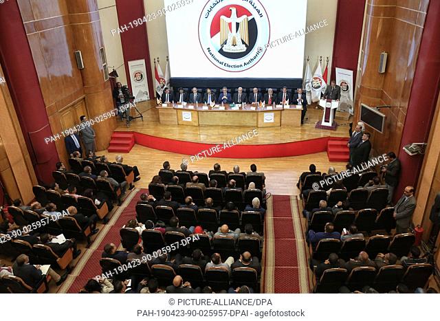 23 April 2019, Egypt, Cairo: Lasheen Ibrahim, (6-R), head of the Egyptian National Elections Authority (NEA), attends a press conference at the NEA's...