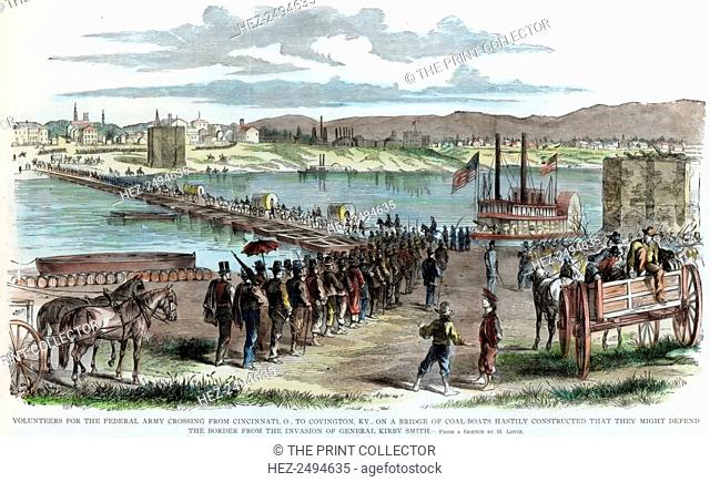 Volunteers for the Union army crossing the Ohio River, Cincinnati, Ohio, American Civil War, c1862. Troops crossing from Cincinnati to Covington, Kentucky