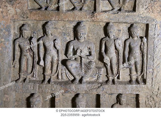 Cave 90 Buddhas on the right wall of the main hall. Kanheri Caves Borivali, Mumbai, India