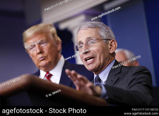 Director of the National Institute of Allergy and Infectious Diseases at the National Institutes of Health Dr. Anthony Fauci, speaks as US President Donald J
