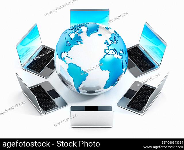 Laptop computers standing around the globe. 3D illustration