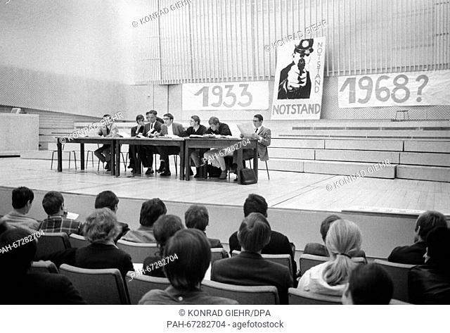 A panel discussion about the Emergency Law took place in the concert hall of the college of music on 27 May 1968. - Berlin/Germany