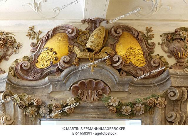 Portal to the Prelates Hall with a crest with roses, Maritime Museum in Schloss Erlahof Castle, Spitz an der Donau, Wachau, Waldviertel, Lower Austria, Austria