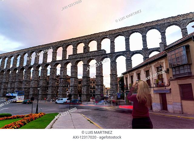 Segovia's Aqueduct is one of the architectural symbols of Spain, built in the 2nd Century A.D; Segovia city, Castilla Leon, Spain