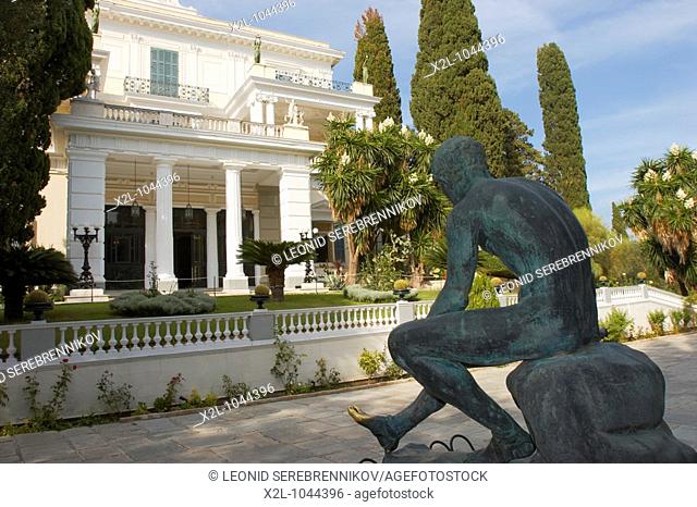 Achilleion palace with the bronze Mercury statue in the foreground  Corfu island, Greece