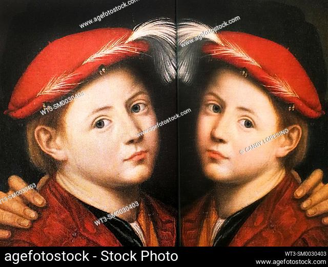 Children in Art, portrait of boy with red hat painted by Bernardino Licinio in the year 1532, on dark background reflected in a mirror
