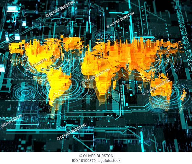 Fragmented three dimensional world map over high tech circuit board