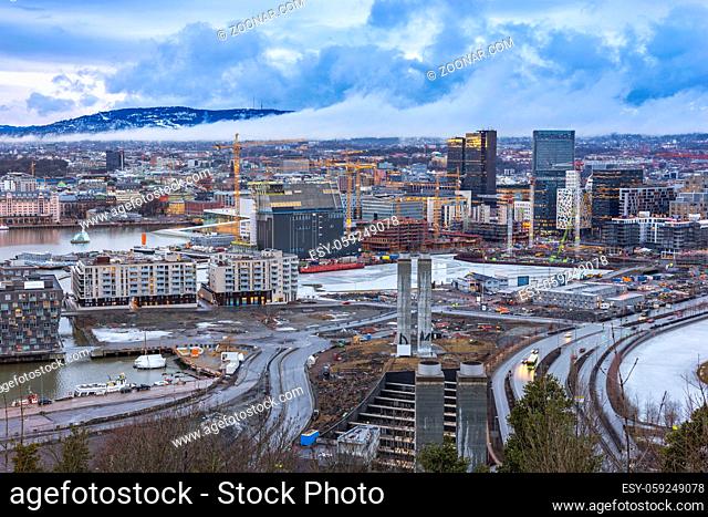 Oslo aerial view city skyline at business district and Bercode Project, Oslo Norway