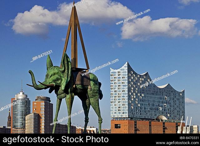 Artwork entitled Space Elephant by Salvador Dalí at the Stage Theater an der Elbe in front of the Elbe Philharmonic Hall, Hamburg, Germany, Europe