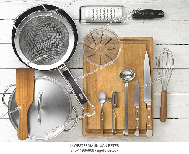 Kitchen utensils for preparing Flädlesuppe (Swabian soup made with pancake strips)