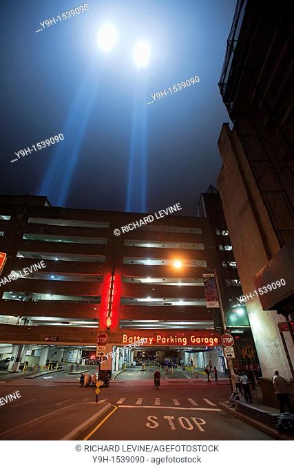 The twin beams of Tribute In Light shoot skyward for the tenth anniversary of the September 11 terrorist attacks in New York, seen on Sunday, September 11