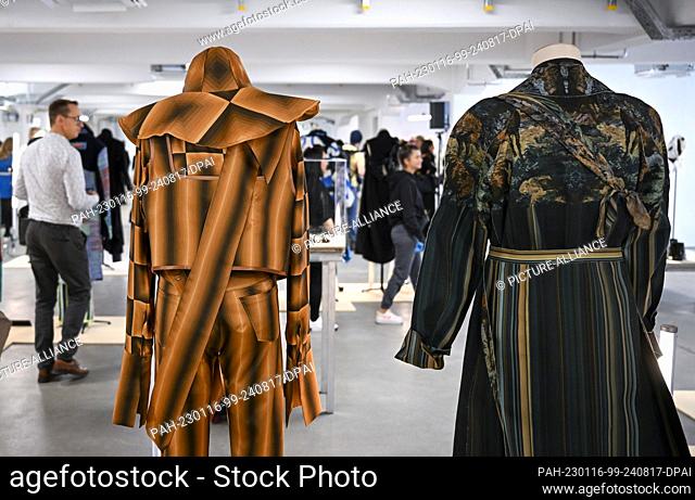 16 January 2023, Berlin: Various designers exhibit parts of their collection in the Kantgaragen at the Berlin Salon at the beginning of Berlin Fashion Week