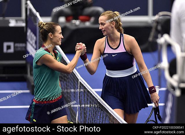 From left Bernarda Pera of USA shakes hands with Czech Petra Kvitova after the women's tennis tournament WTA Agel Open 2022 match in Ostrava, Czech Republic