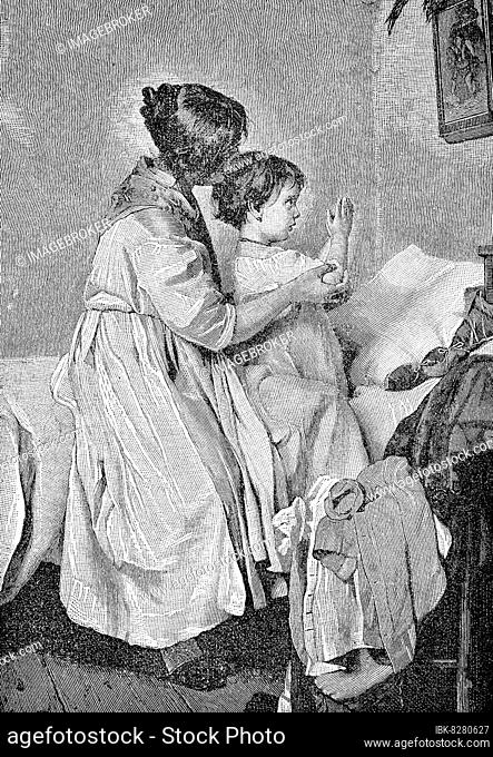 Kind beim Abendgebet, Historisch, digitale Reproduktion einer Originalvorlage aus dem 19. Jahrhundert