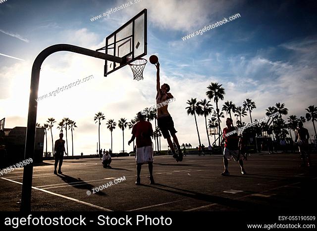 LOS ANGELES, USA - October 22 2017: Public basketball games at Venice Beach Recreation Center in Los Angeles, California, USA