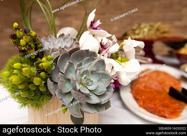 Close up of a succulent table setting at a party, with food in the background