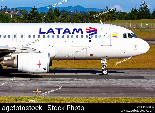 Medellin, Colombia ? January 26, 2019: LATAM Airbus A320 airplane at Medellin Rionegro airport (MDE) in Colombia