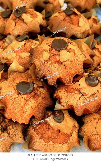 Muffins with chocolate at fair. Caldes de Montbui, Barcelona province, Catalonia, Spain