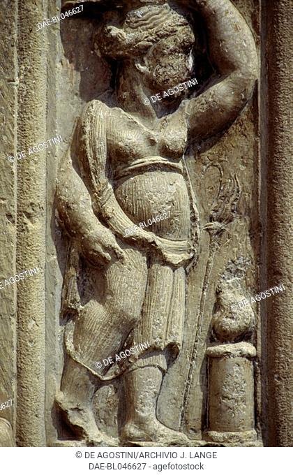 Female figure, relief on the door frame of the Church of St Mary of the Graces, Anversa degli Abruzzi, Abruzzo. Italy, 16th century