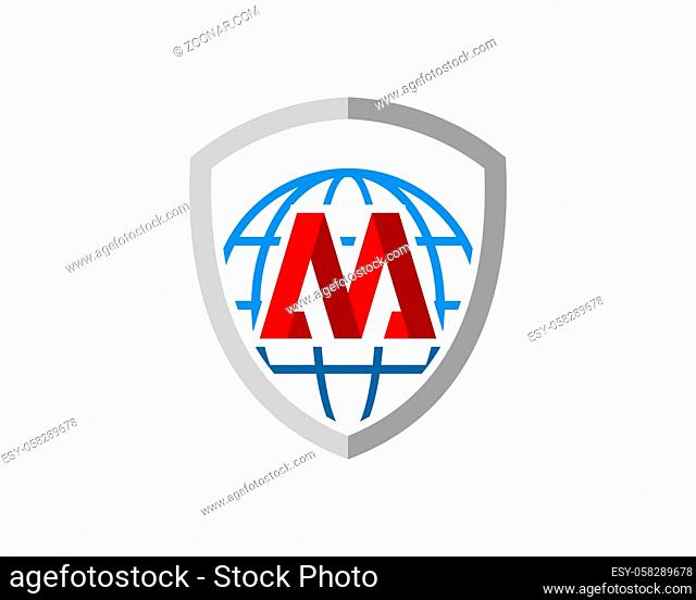 Simple shield with abstract globe and M letter initial