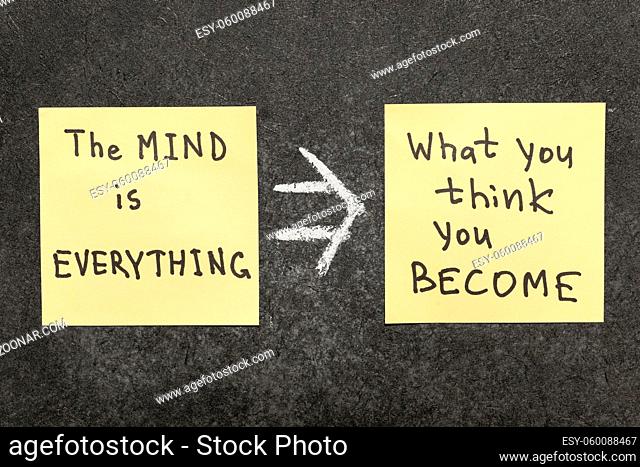 The mind is everything, what you think you become - famous Buddha quote interpretation handwritten on yellow paper notes