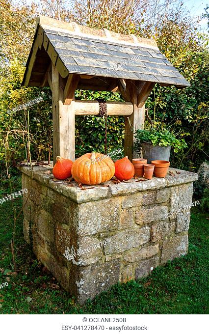 Pumpkins on the coping of a well after harvest during autumn