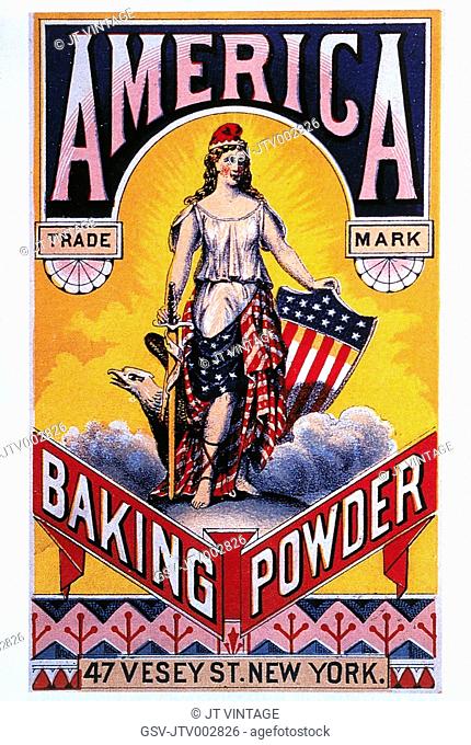 Woman Draped in American Flag, American Baking Powder, Trade Card, circa 1880
