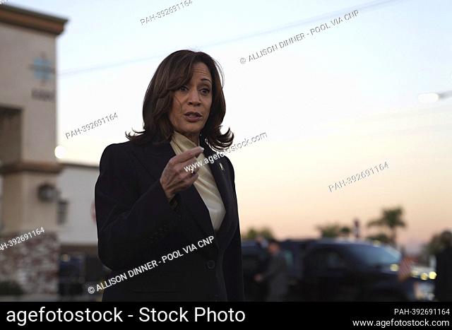 United States Vice President Kamala Harris speaks after she pays her respects to the victims of a mass shooting at Star Dance Studio in Monterey Park, CA