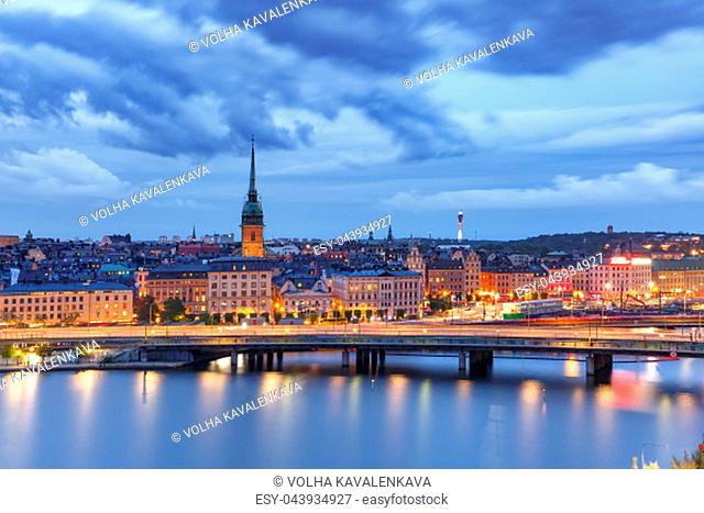 Scenic aerial view of Gamla Stan, in the Old Town in Stockholm at night, capital of Sweden