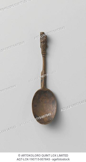 Spoon, the stem of which is crowned by a Virgin and Child, The cast spoon has a beaten oval container, a stem with a triangular attachment