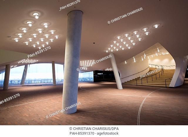 The plaza with the staircase to the Grosser Saal seen during a press tour in the Elbphilharmonie in Hamburg, Germany, 01 November 2016