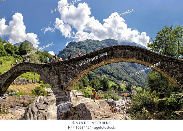 stone bridge in Lavertezzo with Verzasca river in the Ticino