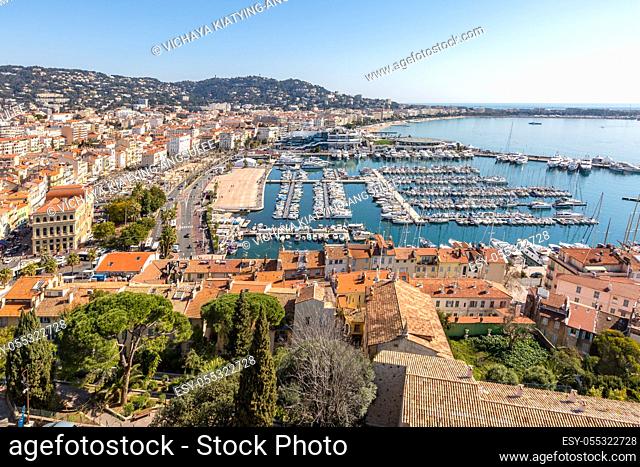 aerial view of Le Suquet- the old town and Port Le Vieux of Cannes, France