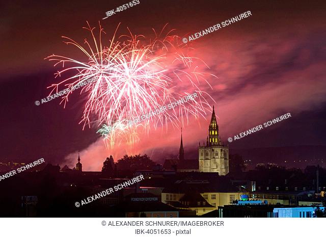 Cathedral of Our Lady with fireworks during the Seenachtfest Festival, Konstanz, Baden-Württemberg, Germany