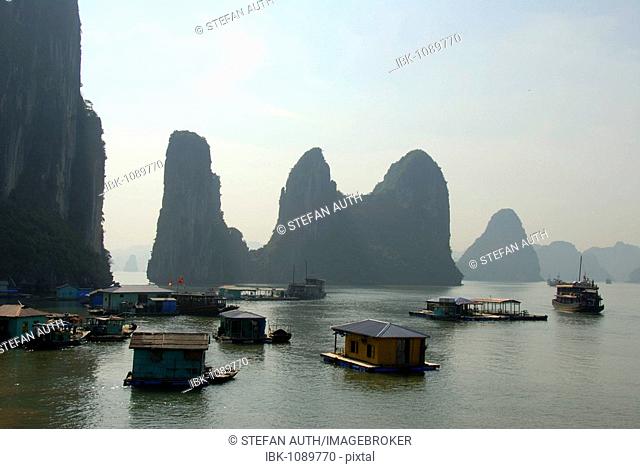 Floating village with houseboats in front of towering rocky islands, Ha Long Bay, Vietnam, Asia