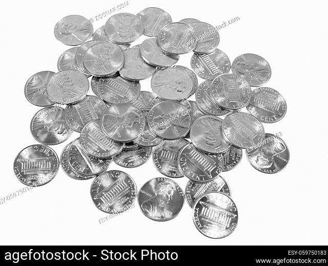 Dollar coins 1 cent wheat penny cent currency of the United States isolated over white background in black and white