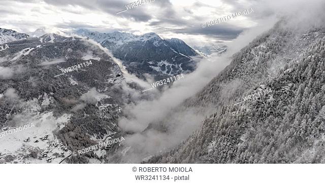 Mountains covered in snow in Valtellina, Italy, Europe