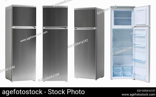 modern household refrigerator color dark metallic, four angles, isolated