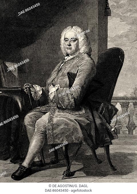 Portrait of Georg Friedrich Handel (Halle, 1685-London, 1759), German composer, engraving from a painting by Thomas Hudson (1701-1779), 1756