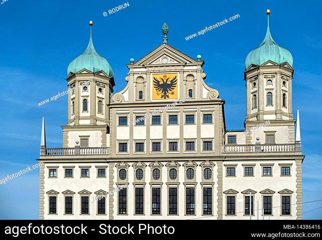 Germany, Augsburg, city hall west facade with imperial eagle and pine nut