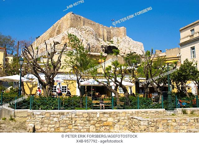 Restaurant terrace underneath Acropolis in Athens Greece Europe