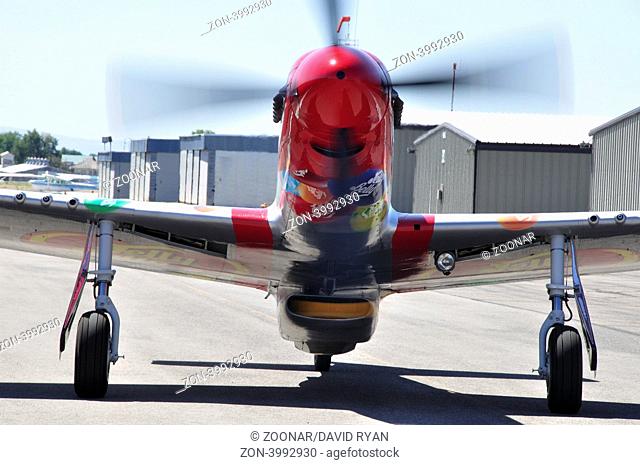 P-51D, Sparky, sponsored by Jelly Belly, taxiing at Nampa Airport