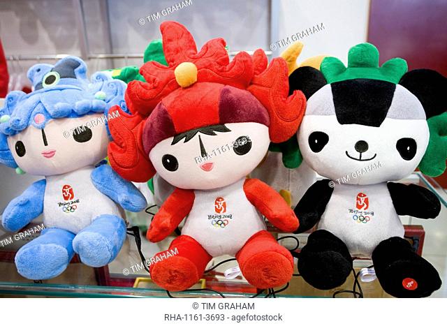2008 Olympic Games official Fuwa mascot characters in souvenir shop, Wangfujing Street, Beijing, China