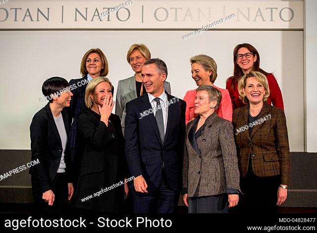 February 15, 2017 - Brussels, Belgium - NATO Secretary General Jens Stoltenberg poses for a photo with female ministers of defense at NATO Headquarters February...