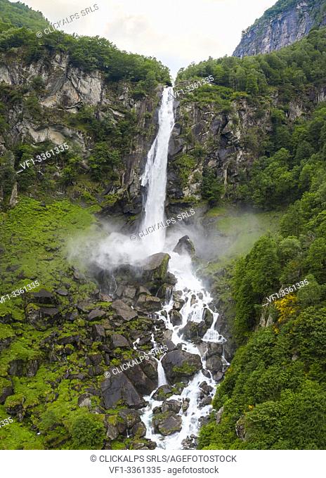 Aerial view of the Foroglio waterfall, Cevio, Val Bavona, Valle Maggia, Canton Ticino, Switzerland