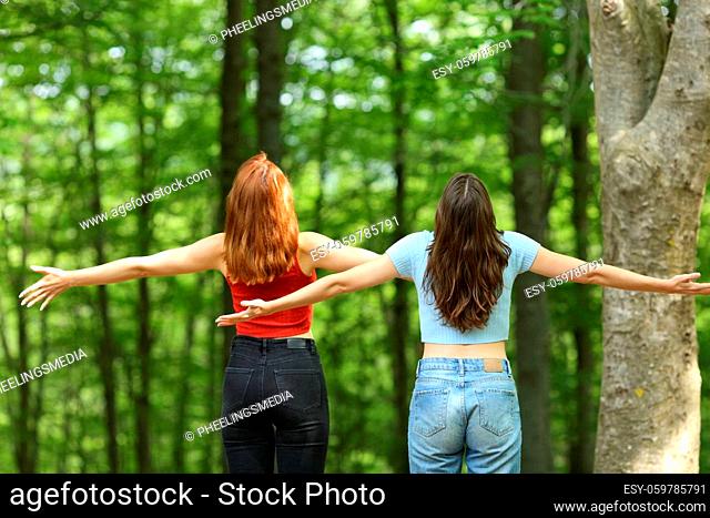 Back view of two women outstretching arms in a forest on summer vacation